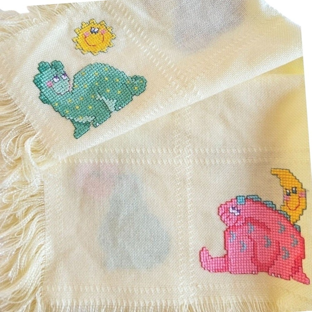 Vintage Baby Afghan 23x40" Cross‎ Stitch Dinosaur Fringe Keepsake Blanket Decor